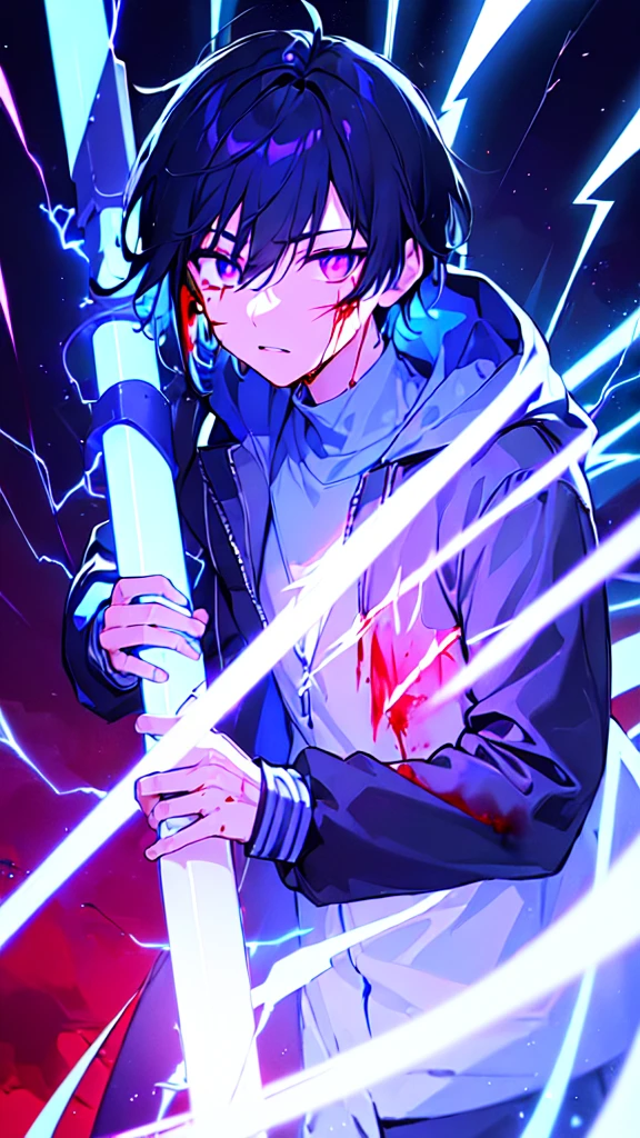[(BLACK BACKGROUND:1.5),::5], ((((masterpiece)))), high quality, ultra very high resolution, full color, (((solo))), ((little boy)), black hair, ((blue colored inner hair)), ((purple eyes)), anime, ((upper body)), neon light, black parka, (lightning effect:1.2), (Blood effect:1.5)