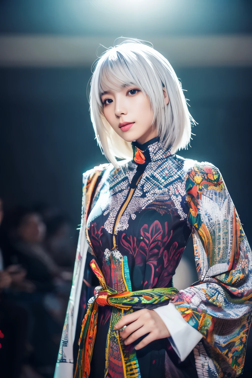 Masterpiece, high quality, high resolution, 8K, (solo:1.2), ((1girl)), Japanese woman, detailed face, detailed eyes, correct body structure, upper body, ((White hair:1.2)), very long hair, messy hair, slender body, seductive silhouette, luminous bones, depth of field, dark photo at nighttime, dimly lit, bangs, Cinematic Lighting, Tyndall effect, abstract background, futuristic outfits, vibrant colors, modern style, wide sleeves, artistic, unique patterns, colorful, stylish, trendy