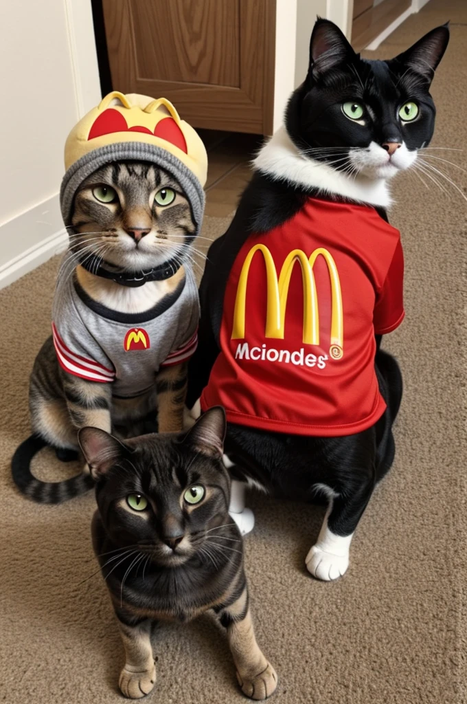 A cat and a dog wearing clothes with the McDonald's logo hugging each other