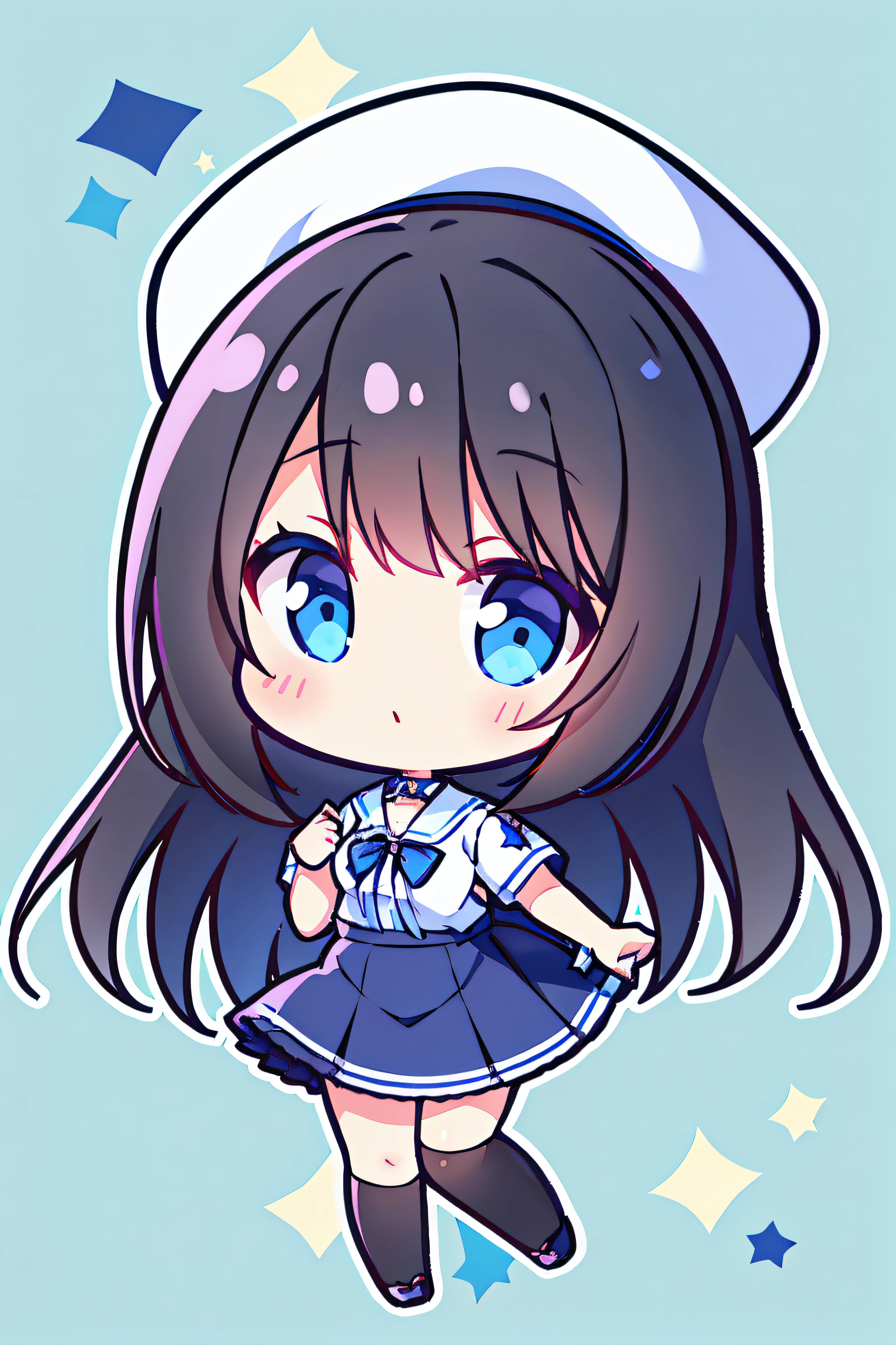 Anime Girls, 1 person, Black Hair, Hair clip on the right side of the bangs, Black Hat, Bright Blue Eyes, White women&#39;s shirt, Small light blue ribbon on chest, Office Uniforms, Tight-fitting shirt, Tight Skirt, stockings,Little,whole body, Big Breasts, Front view, alone