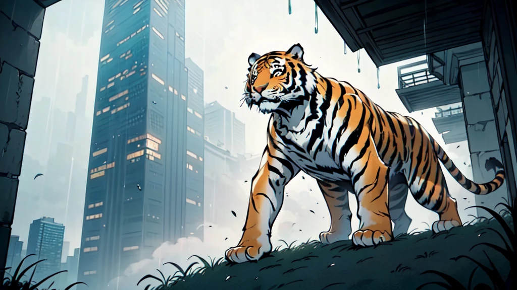 absurdres, (Giant tiger among skyscrapers:1.2),Only the huge tail fin is visible, Amazing person々, Heavy Rain, storm, Cloudy, darkness, storm, Vision, Mysterious Clouds, cliff,Thick Fog,Thick Fog, forest,  wood, Only light from the window, Poor visibility, Monster, Riding a giant tiger