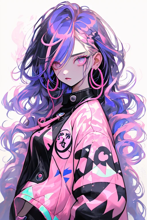 Estilo Rainbow, One girl, only, Long Hair, Watching the audience, Blue eye fundus, White Background, gem, Closed Mouth, Jacket, Upper Body, Purple Hair, Earrings, Golden Eyes, collar, From one side, pull, lips, eyelash, compensate, Wavy Hair, Penetrate, cruise, lipstick, ear Penetrate, eye shadow, hoop Earrings, pink lips, Multicolored Eyes, Pink Theme, , pink eye shadow,