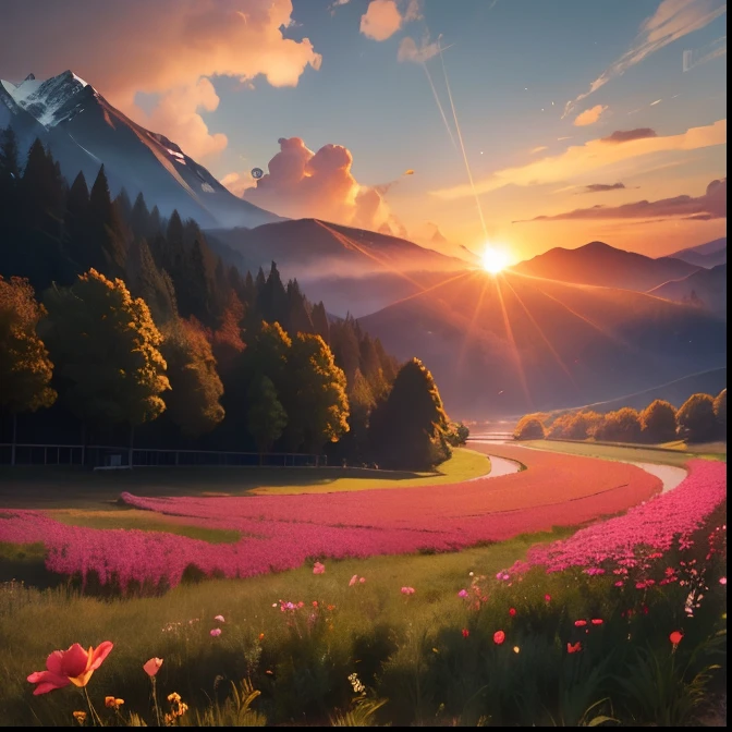 At the breaking of dawn(Sunrise time:1.3),一朵绚的Red Rose(Red Rose:1.2)On a green grassy meadow(Green grass land:11)Bloom。gentlesunlight(Gentle sunshine:1.3)Sprinkle on flowers,Illuminates the surrounding environment。Fine art by photographer Ansel showcases fresh colors,Delicate details and a touch of fantasy。