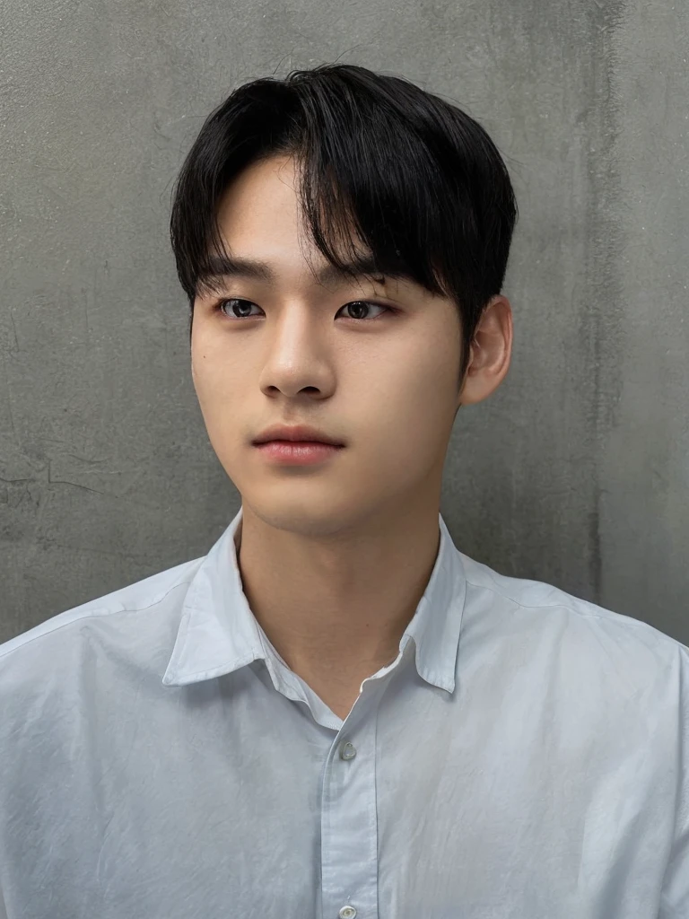 Best Quality, 8k, Masterpiece, (Portrait: 1.3), (photo realistic:1.4), (hyper realistic:1.4), Sharp Focus, looking at viewer, (smoother lighting:1.1), (increase cinematic lighting quality:0.9), realistic lighting, backlighting, light on face, ray trace, (brightening light:1.2), (Increase quality:1.4), sharp detail, (best quality real texture skin:1.4), finely detailed eyes, black_eyes, finely detailed face, 25 year old Korean man, (white formal_shirt:1.4), (Create an image maintaining the original base model hairstyle:1.5)