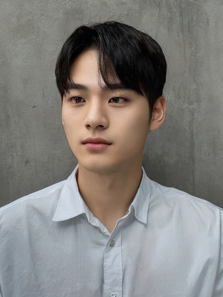 Best Quality, 8k, Masterpiece, (Portrait: 1.3), (photo realistic:1.4), (hyper realistic:1.4), Sharp Focus, looking at viewer, (smoother lighting:1.1), (increase cinematic lighting quality:0.9), realistic lighting, backlighting, light on face, ray trace, (brightening light:1.2), (Increase quality:1.4), sharp detail, (best quality real texture skin:1.4), finely detailed eyes, black_eyes, finely detailed face, 25 year old Korean man, (white formal_shirt:1.4), (Create an image maintaining the original base model hairstyle:1.5)