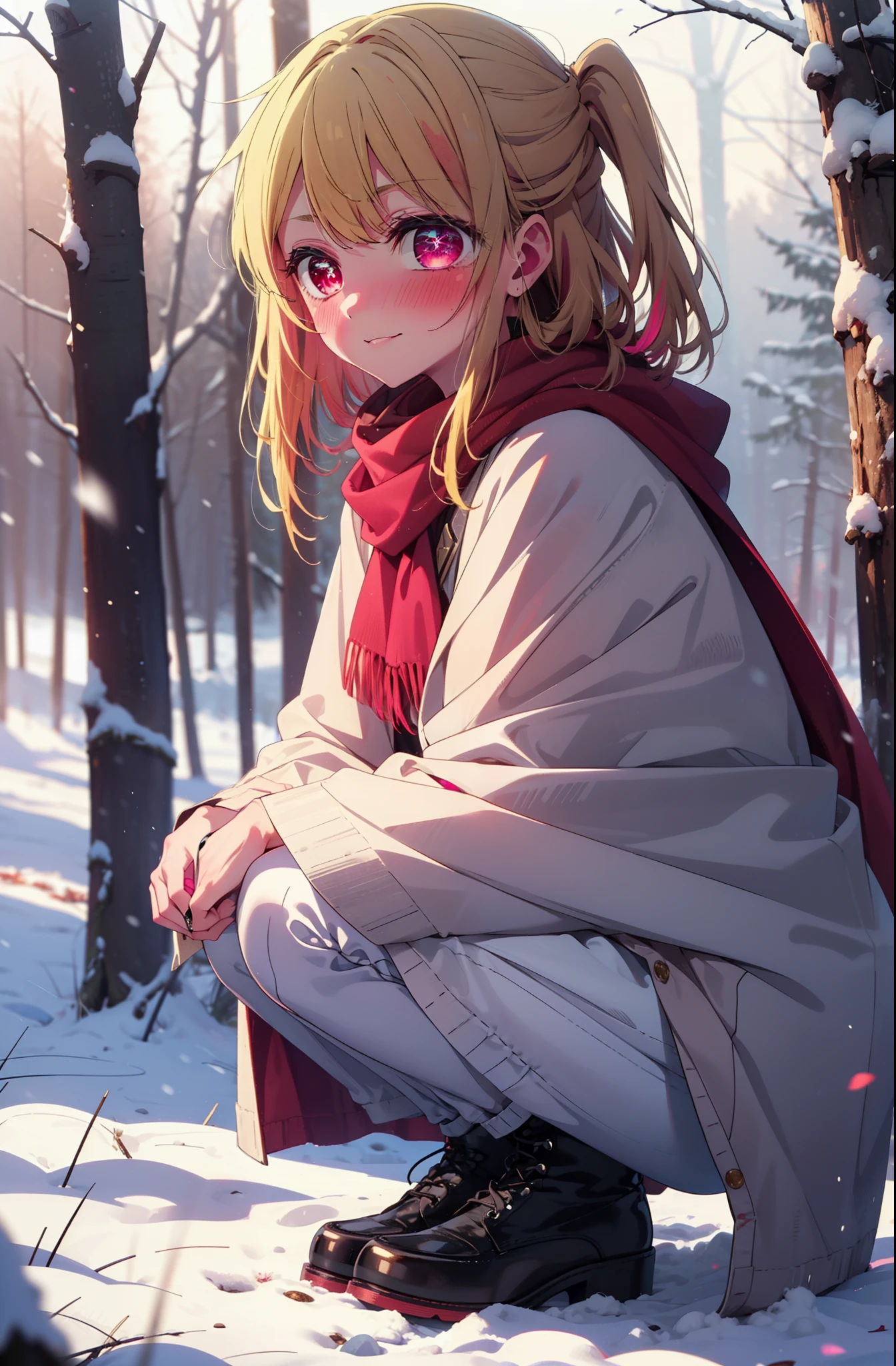 rubyhoshino, Hoshino Ruby, Long Hair, bangs, Blonde, (Pink Eyes:1.3), Side Lock, (Symbol-shaped pupil:1.5), Multicolored Hair, Two-tone hair, smile,,smile,blush,White Breath,
Open your mouth,snow,Ground bonfire, Outdoor, boots, snowing, From the side, wood, suitcase, Cape, Blurred, , forest, White handbag, nature,  Squat, Mouth closed, Cape, winter, Written boundary depth, Black shoes, red Cape break looking at viewer, Upper Body, whole body, break Outdoor, forest, nature, break (masterpiece:1.2), Highest quality, High resolution, unity 8k wallpaper, (shape:0.8), (Beautiful and beautiful eyes:1.6), Highly detailed face, Perfect lighting, Highly detailed CG, (Perfect hands, Perfect Anatomy),