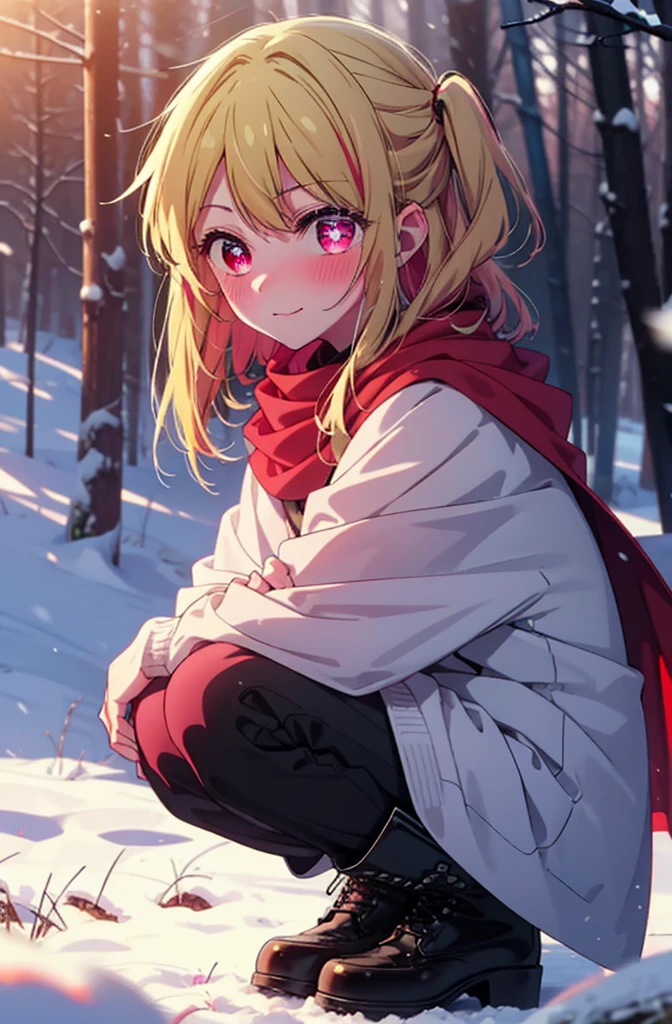 rubyhoshino, Hoshino Ruby, Long Hair, bangs, Blonde, (Pink Eyes:1.3), Side Lock, (Symbol-shaped pupil:1.5), Multicolored Hair, Two-tone hair, smile,,smile,blush,White Breath,
Open your mouth,snow,Ground bonfire, Outdoor, boots, snowing, From the side, wood, suitcase, Cape, Blurred, , forest, White handbag, nature, Squat, Mouth closed, Cape, winter, Written boundary depth, Black shoes, red Cape break looking at viewer, Upper Body, whole body, break Outdoor, forest, nature, break (masterpiece:1.2), Highest quality, High resolution, unity 8k wallpaper, (shape:0.8), (Beautiful and beautiful eyes:1.6), Highly detailed face, Perfect lighting, Highly detailed CG, (Perfect hands, Perfect Anatomy),