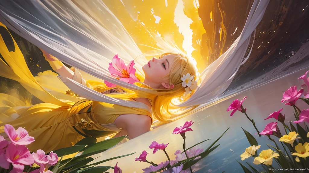 32k, Masterpiece, Highest quality, One girl, Detailed eyes, flower,gladiolus, Yellow and pink style,A dreamy, romantic piece,Pale yellow, Mysterious Leaves,A playful arrangement,Fantasy,High Contrast,Ink strokes,explosion,Exposure, Impression of yellow and white tones,Abstract,((Watercolours by John Berkey and Jeremy Mann )) Brush strokes,Negative Space, Tyndall effect,