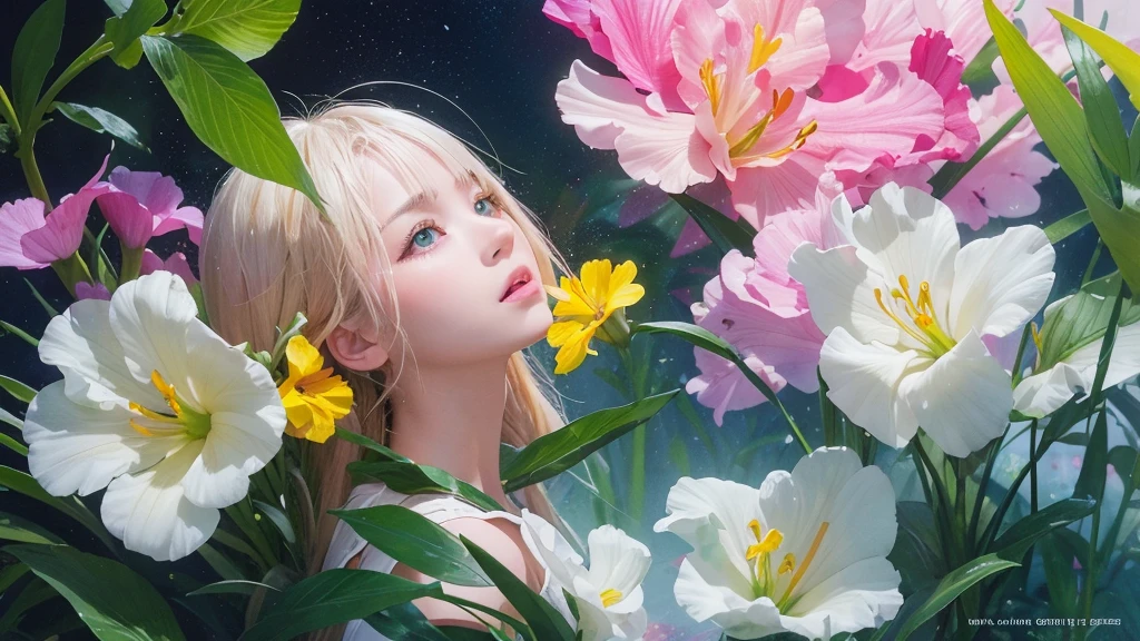 32k, Masterpiece, Highest quality, One girl, Detailed eyes, flower,gladiolus, Yellow and pink style,A dreamy, romantic piece,Pale yellow, Mysterious Leaves,A playful arrangement,Fantasy,High Contrast,Ink strokes,explosion,Exposure, Impression of yellow and white tones,Abstract,((Watercolours by John Berkey and Jeremy Mann )) Brush strokes,Negative Space, Tyndall effect,