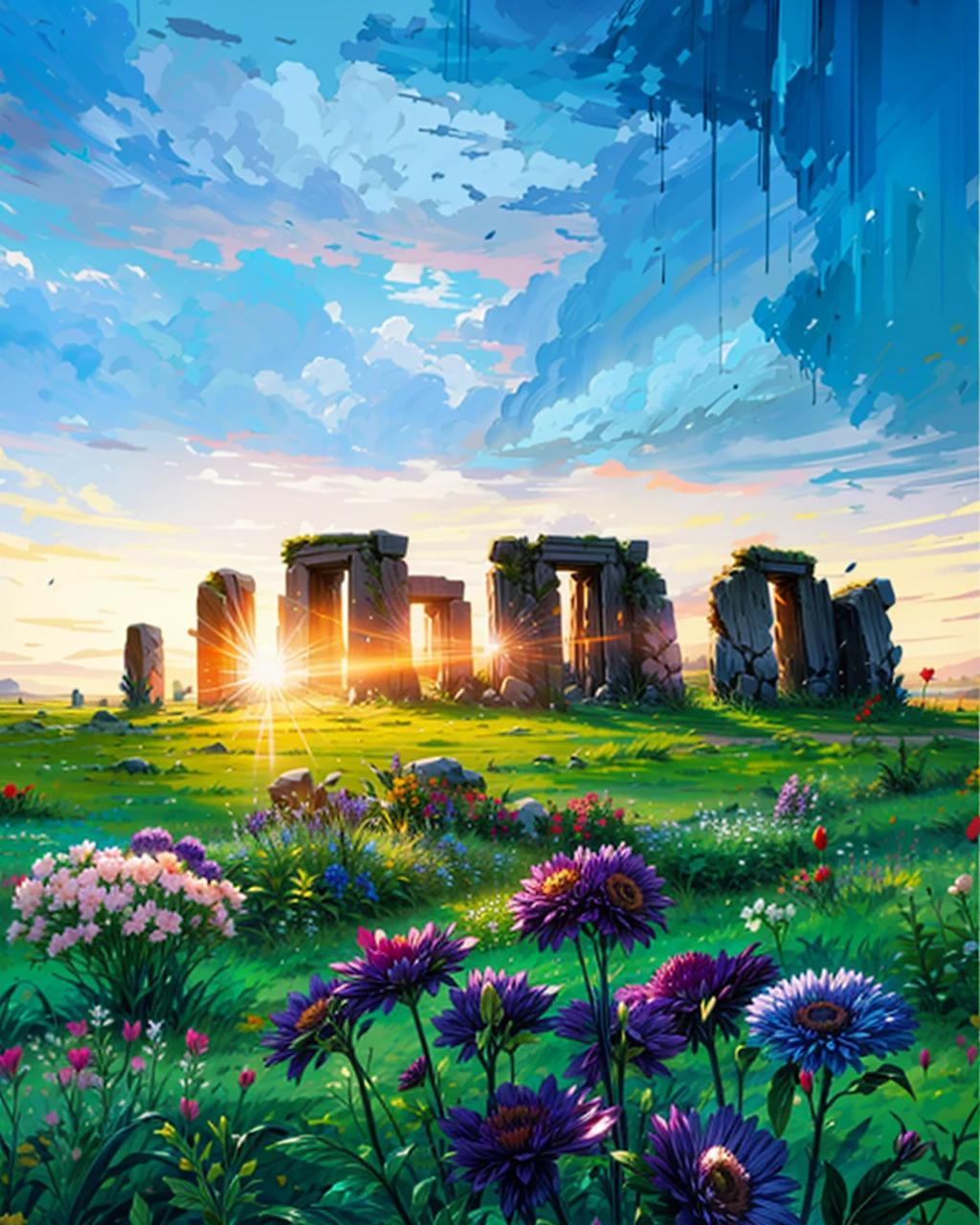 a painting of a field of flowers with the sun setting in the background, natural landscape background, blue cloudy sky, beautiful landscape background, sunny day background, field of flowers background, ( thomas kincade ), ancient ruins background, landscape background, stonehenge, field of fantasy flowers, meadow background, landscape scenery, fantastic background landscape, beautiful, HD, UHD, HDR, 32 K
