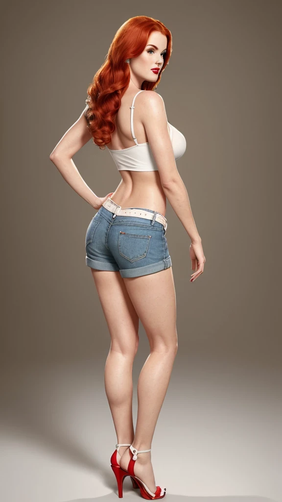 Detailed and realistic representations of a lush woman, Shadowless Face, by Isla Fisher, 27 years old, red hair, radiating a distinct pin-up style. (posing full body, medium breasts, slim waist, wide hips, TONED ABS), extremely sexy. Realistic. Dressed in denim shorts, a red top with white polka dots and high heel sandals. Although the classic features are present, the pin-up's talent is undeniable. Artistic tattoos on your body add a contemporary touch. Their postures and expressions, combined with their pin-up looks, create a fusion between classic vintage and contemporary. ((white photo studio background, hot session. Ultra-realistic photography. bright, intense white lighting, shadows cast behind)). (((Back view))).