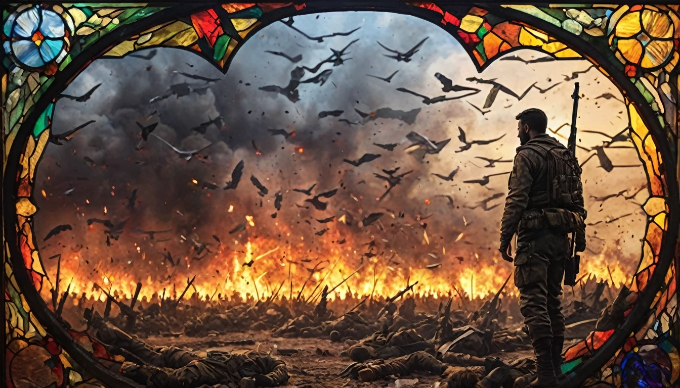 Stained glass art depicting a lone man standing on a battlefield surrounded by fallen men., Call of duty style, ultra realistic, 4k (Thumbnail for youtube) Explosions
