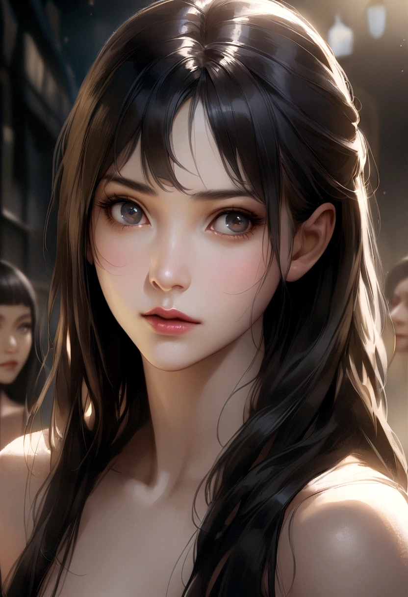 Residential Street、A naked girl looking into the distance、(Black-haired、Long Hair:1.3), Beautiful Hairstyles, Realistic eyes, Realistic facial expressions