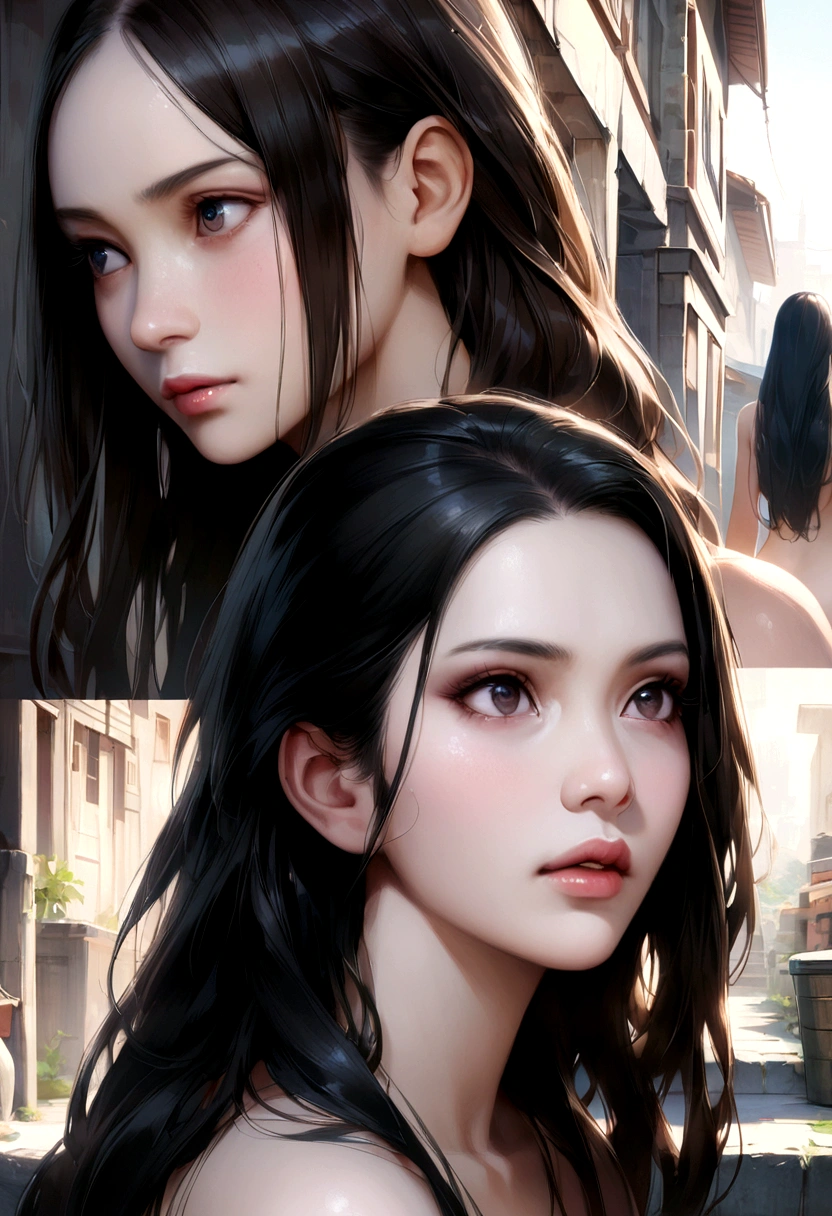 Residential Street、A naked girl looking into the distance、(Black-haired、Long Hair:1.3), Beautiful Hairstyles, Realistic eyes, Realistic facial expressions