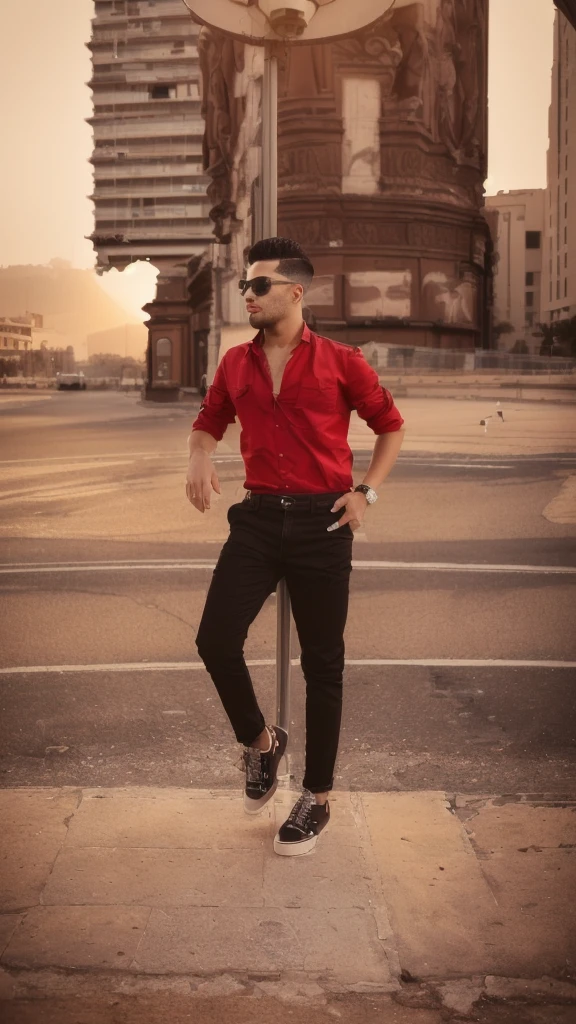 there is a man standing on a pole in front of a building, full body photogenic shot, with a cool pose, very artistic pose, stylish pose, candid picture, full body picture, cool pose, taken with sony alpha 9, red shirt brown pants, mohamed chahin style, wearing a dark shirt and jeans, very cool pose, dressed with long fluent clothes