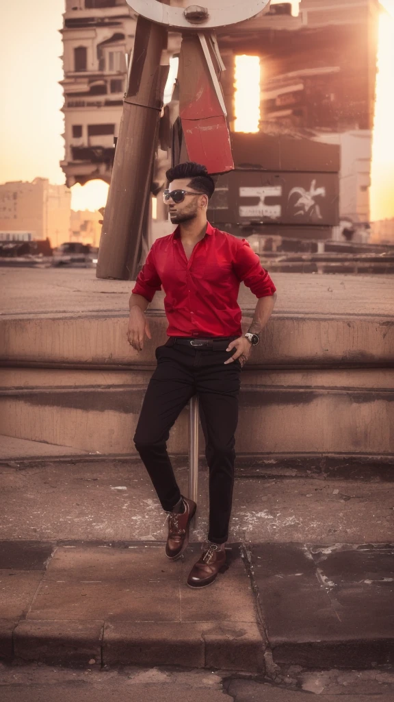 there is a man standing on a pole in front of a building, full body photogenic shot, with a cool pose, very artistic pose, stylish pose, candid picture, full body picture, cool pose, taken with sony alpha 9, red shirt brown pants, mohamed chahin style, wearing a dark shirt and jeans, very cool pose, dressed with long fluent clothes