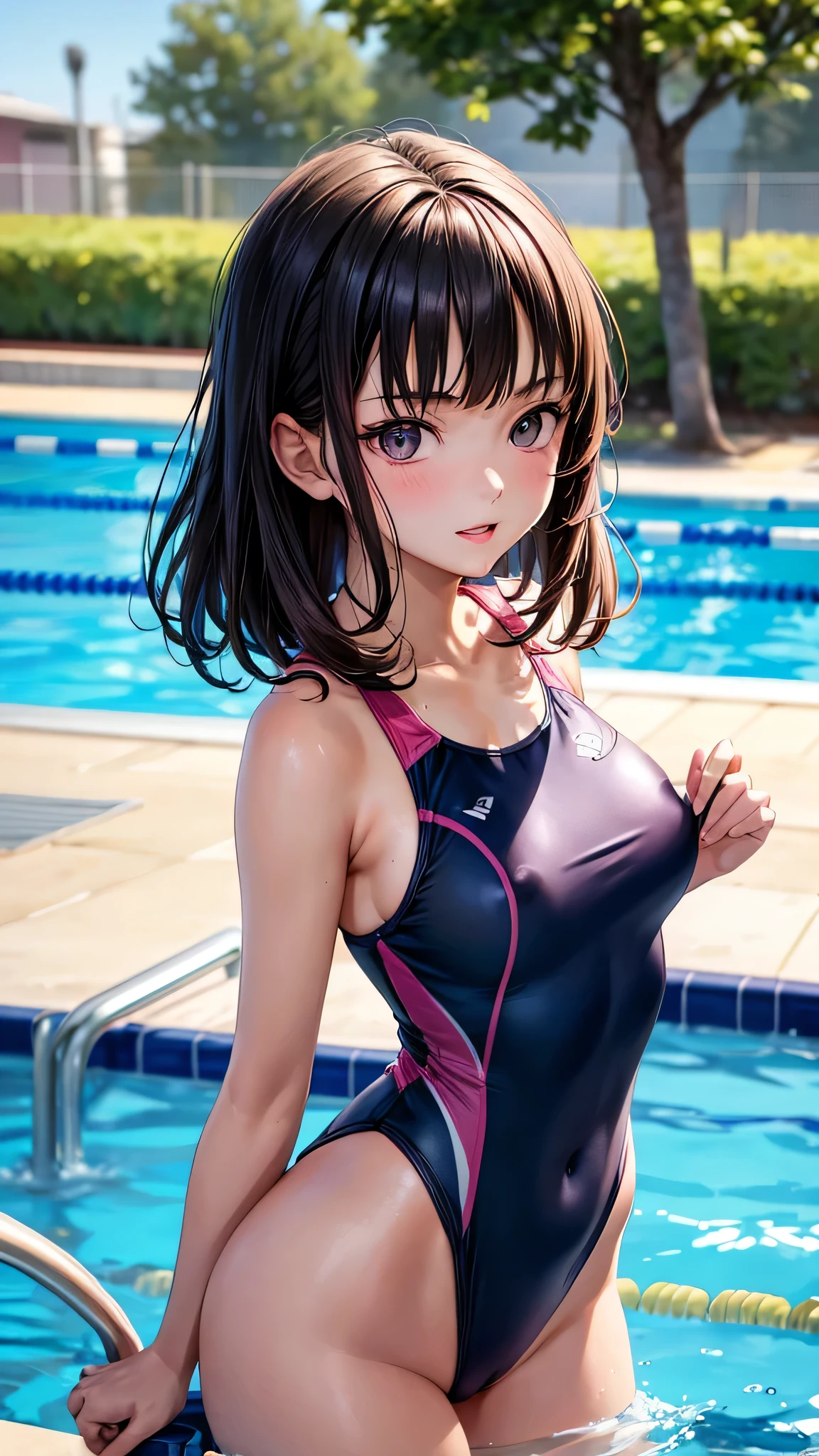 (4K,masterpiece,best quality,ultra detailed),(upper body),looking viewer,(solo),(fullpage of beautiful women), japanese,((17-years-old),age),(medium hair,silky hair,black hair),(beautiful detailed face,beautiful detailed eyes,finely detailed fair skin,medium breast,medium hip),slender,light smile,shy,nude,(on school pool),(one piece competition swimsuit),covered pink nipples,