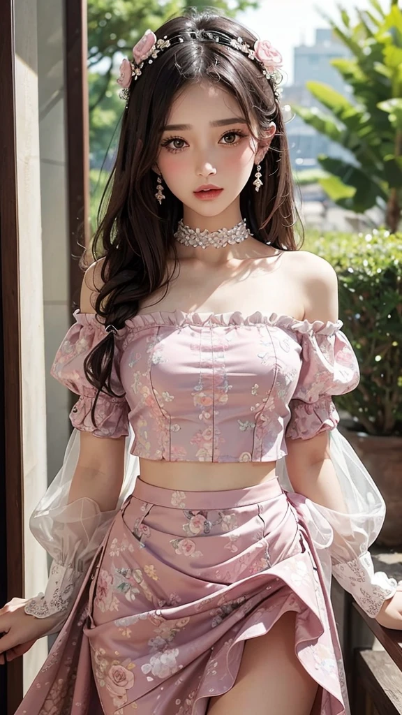 (best quality, masterpiece), 1girl, intricate details, off shoulder, skirt, choker, frills, see-through, looking at viewer, blush, upper body, blurry background, floral print, contrapposto