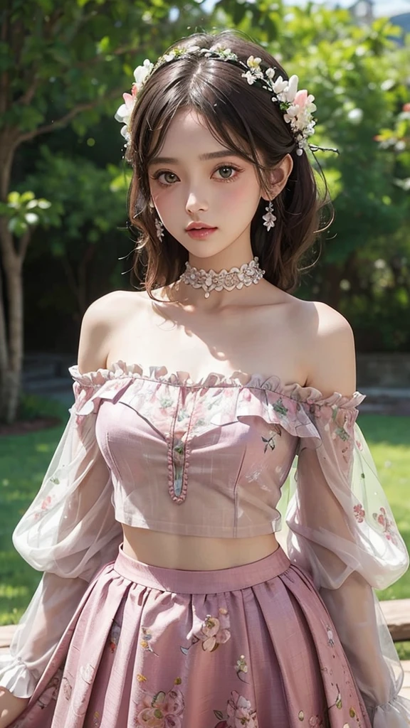 (best quality, masterpiece), 1girl, intricate details, off shoulder, skirt, choker, frills, see-through, looking at viewer, blush, upper body, blurry background, floral print, contrapposto