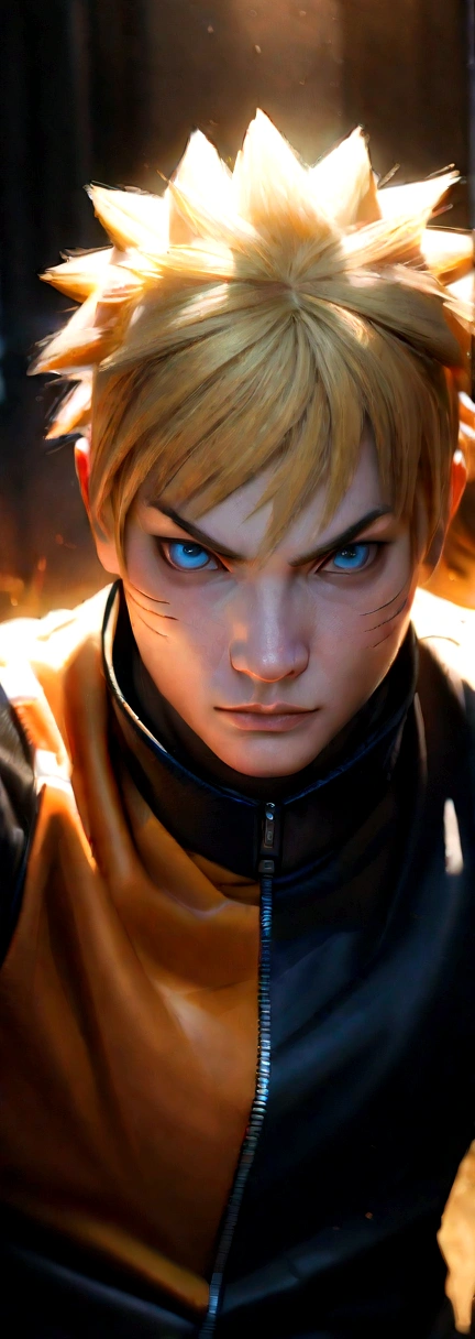 A photorealistic portrait of Naruto Uzumaki, the protagonist of the anime series Naruto, with vibrant blue eyes, spiky blond hair, and a determined expression on his face, wearing his iconic orange and blue ninja outfit, with detailed texture and lighting, highly detailed, 8K, photorealistic, masterpiece, cinematic lighting, dynamic pose, epic fantasy setting.