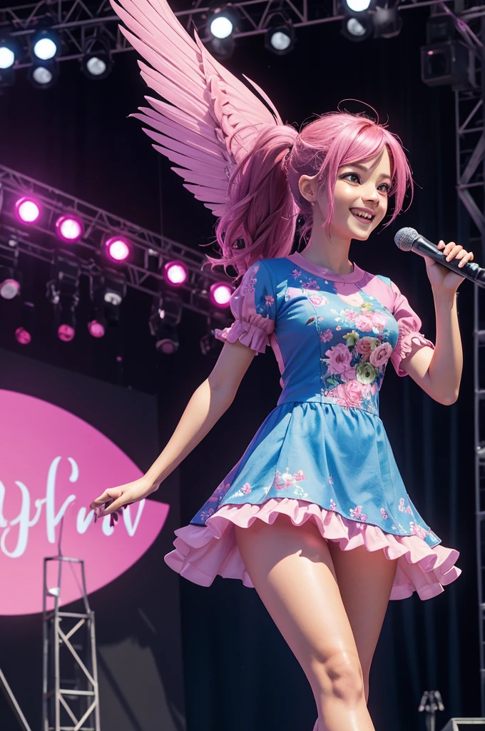 create a 3D image of some nightingales birds, female, pink, happy, flying in the city, so free and wearing a blue outfit. the bids are on stage too