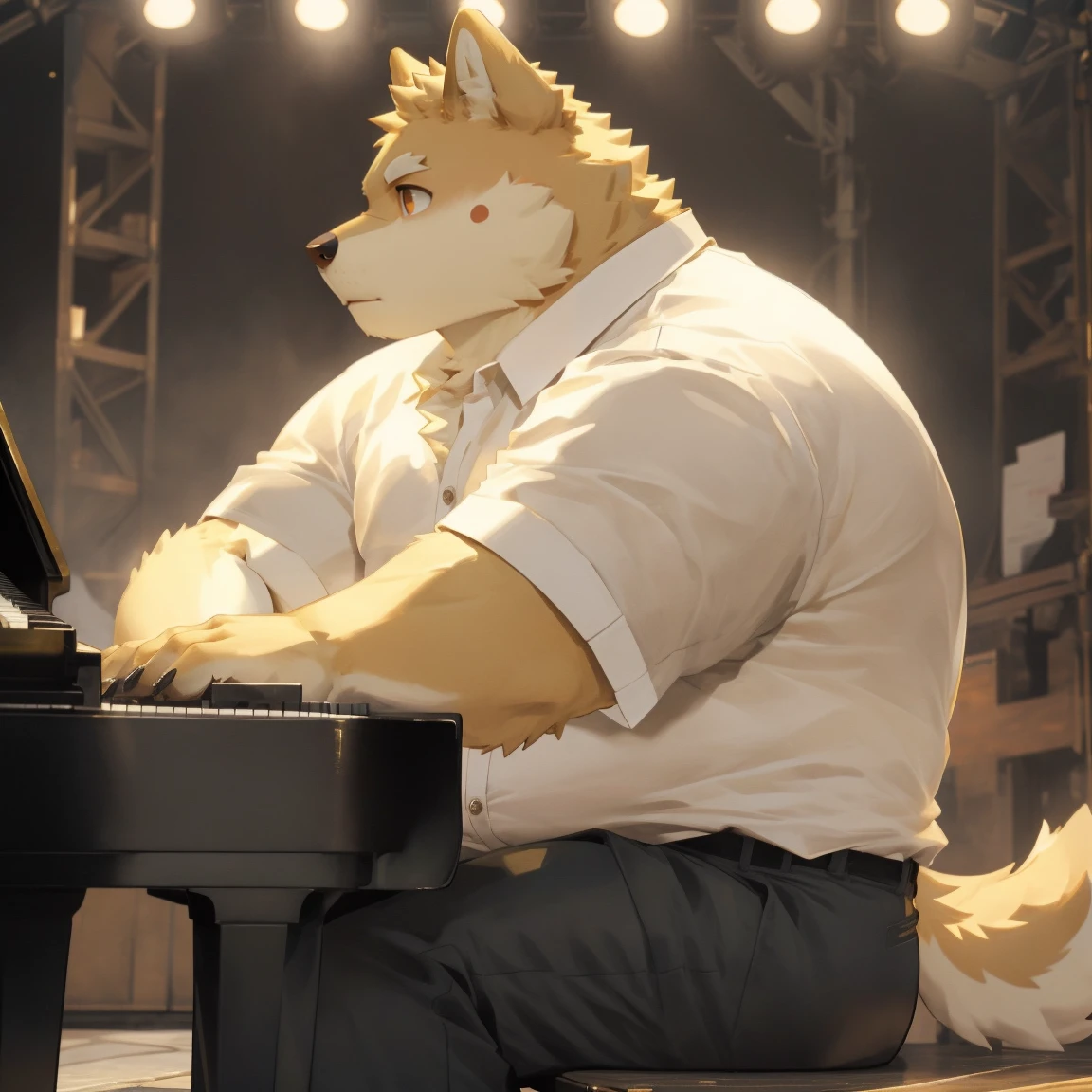 masterpiece, best quality, 8k resolution, Very detailed, hairy，Shiba Inu，(Black hair)，(((golden fur)))，(((Golden Eyes)))，Chubby，Chubby face，(((White shirt)))，(((Loose shirt)))，((Black pants))，Highest quality scene，(((Solitary)))，(((solitary)))，((正在弹piano的))，((light))，(((piano)))，(((earnest)))，(((Round face)))，(((whole body)))，(((Medium shot)))，(((stage)))，(((on the side of)))，((坐在piano凳上))