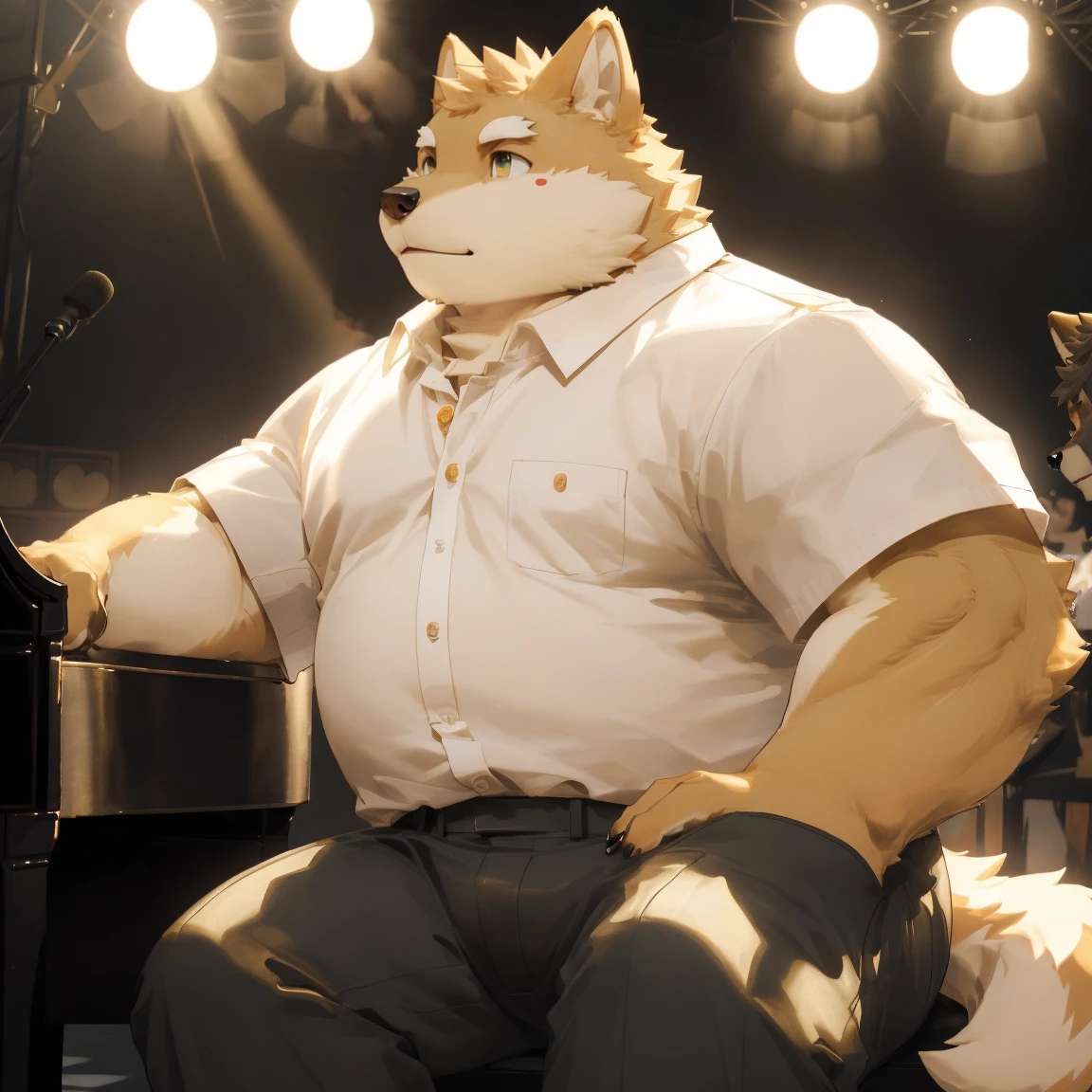 masterpiece, best quality, 8k resolution, Very detailed, hairy,Shiba Inu,(Black hair),(((golden fur))),(((Golden Eyes))),Chubby,Chubby face,(((White shirt))),(((Loose shirt))),((Black pants)),Highest quality scene,(((Solitary))),(((solitary))),((正在弹piano的)),((light)),(((piano))),(((earnest))),(((Round face))),(((whole body))),(((Medium shot))),(((stage))),(((on the side of))),((坐在piano凳上))