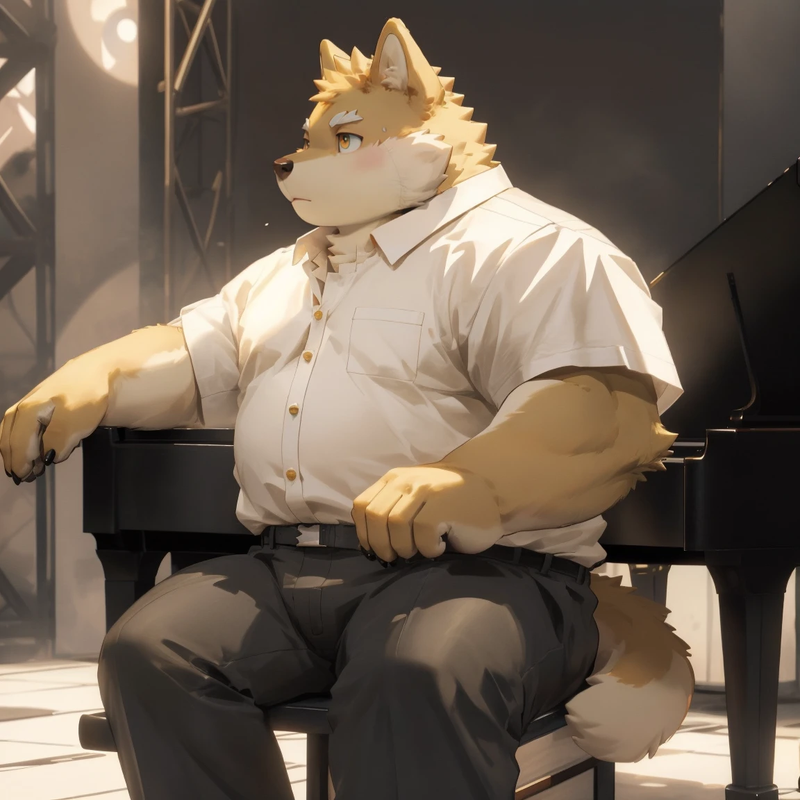 masterpiece, best quality, 8k resolution, Very detailed, hairy,Shiba Inu,(Black hair),(((golden fur))),(((Golden Eyes))),Chubby,Chubby face,(((White shirt))),(((Loose shirt))),((Black pants)),Highest quality scene,(((Solitary))),(((solitary))),((正在弹piano的)),((light)),(((piano))),(((earnest))),(((Round face))),(((whole body))),(((Medium shot))),(((stage))),(((on the side of))),((坐在piano凳上))