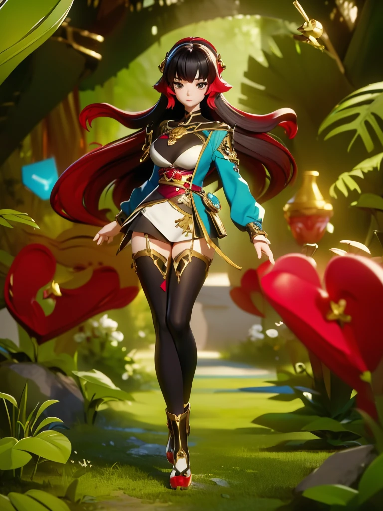Seizo Watase style, Simple Line Initialism，Abstract art, 3d character, colorful hearts ,(((The most beautiful girl of all time))),  (full body 1.2), only girl, long hair, jungle background, 25 year old, full body, (((8k))),, (((3d))),, black hair, cowlboy suit, dark red hair