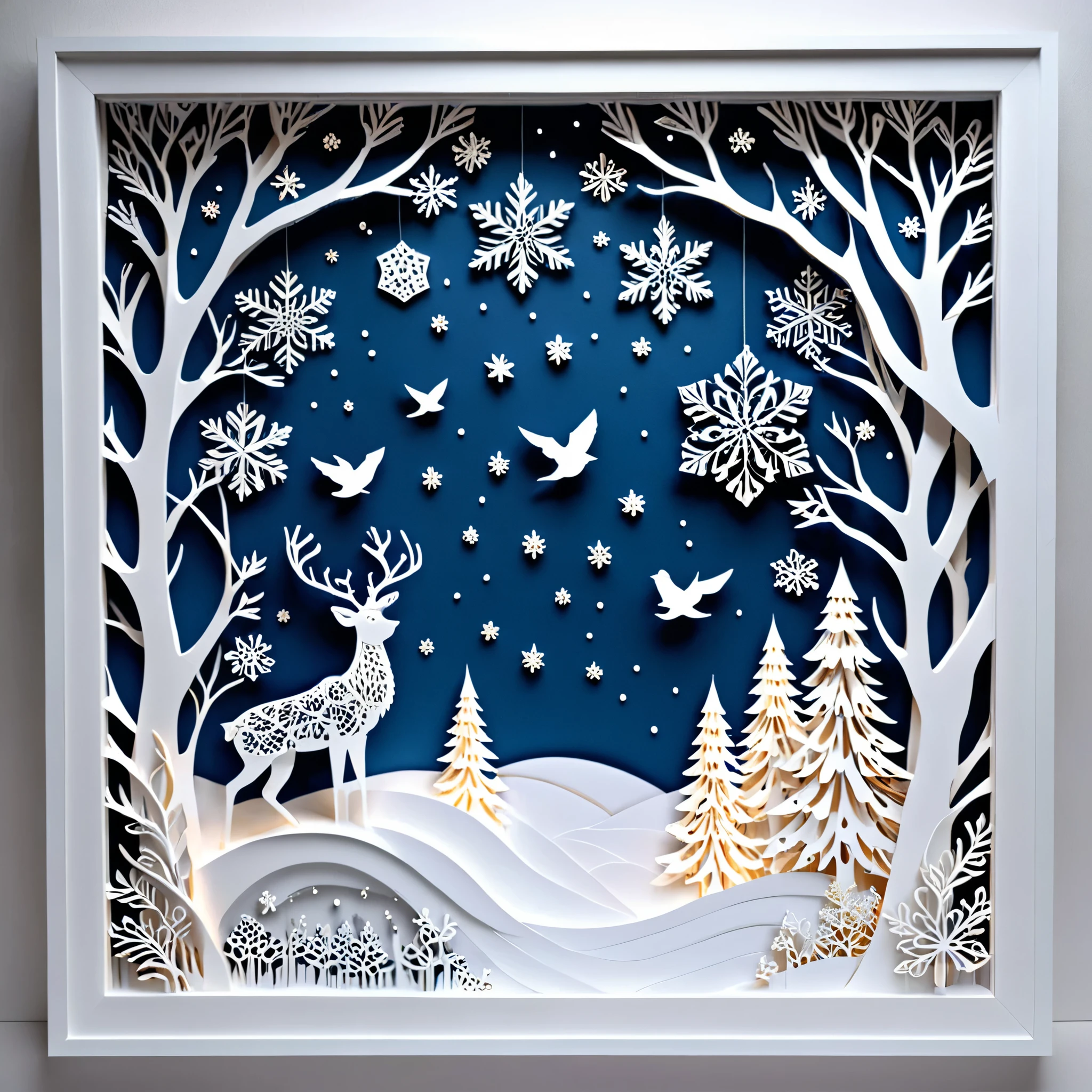 Create a detailed paper cutout artwork depicting a scene that combines snow with intricate patterns. The scene should include delicate snowflakes falling gently, each flake featuring unique and elaborate patterns. The background should incorporate swirling designs and geometric shapes that complement the snowflakes, creating a seamless blend between the natural and the abstract. The artwork should evoke a sense of tranquility and beauty, capturing the serene and intricate nature of snow and patterns. The overall mood should be elegant and peaceful, highlighting the delicate artistry of winter through detailed design.