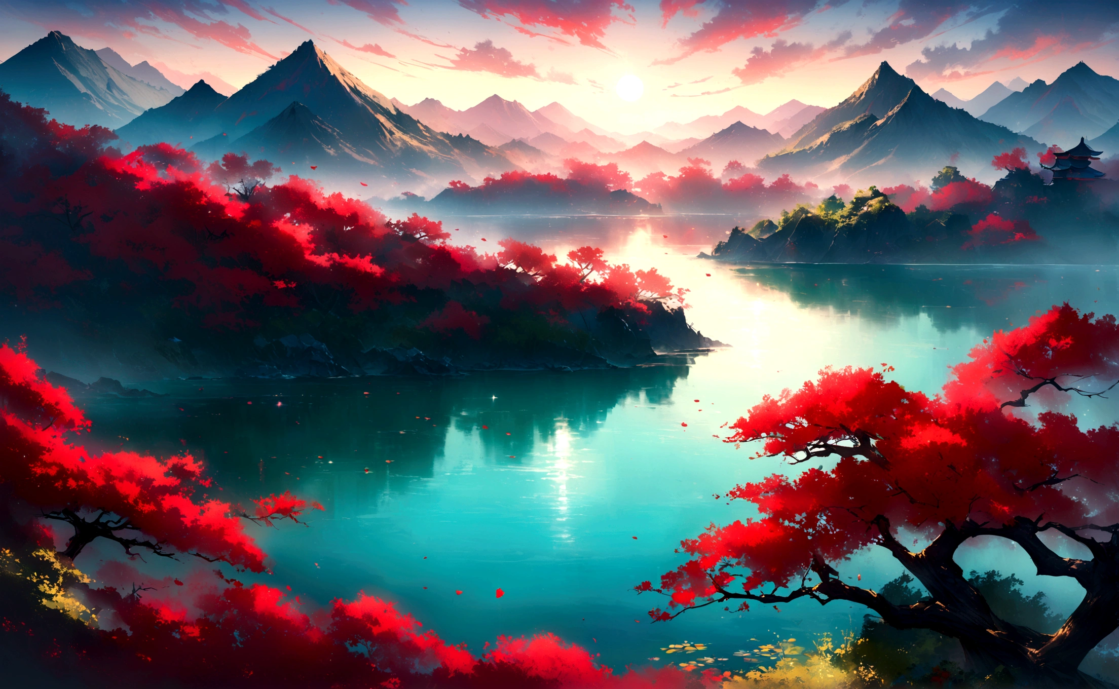 A picturesque scene with the grandeur of Chinese red, poetic elegance, and traditional elements, overlooking a tranquil river with the sun rising, crimson flowers floating on the water, and an ethereal mist enveloping the mountains. The scene exudes a sense of timeless beauty and harmony, capturing the essence of spring with deep green river waters, sparkling blue gemstones, and fresh, vivid colors. The entire landscape appears as if the heavens and earth have converged, creating a mesmerizing and serene atmosphere. The detailed depiction of the surroundings should have the best quality (4k,8k,highres,masterpiece:1.2) and be ultra-detailed with a realistic, photorealistic style (photo-realistic:1.37). The lighting should emphasize studio lighting, sharp focus, vivid colors, and an overall sense of tranquility.