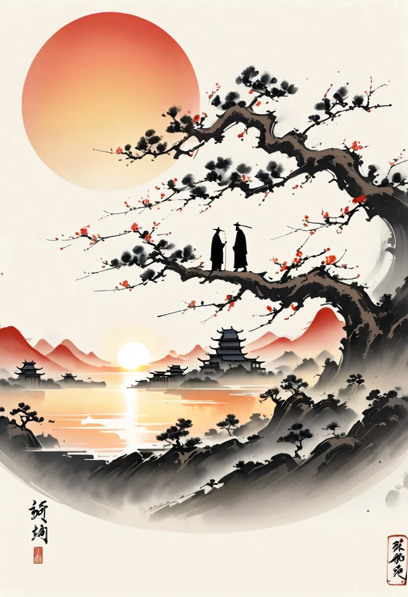 Bada Shanren style,Chinese Ink Painting,Simple style,is capitalized,Very simple pictures,sunrise,People from far away,