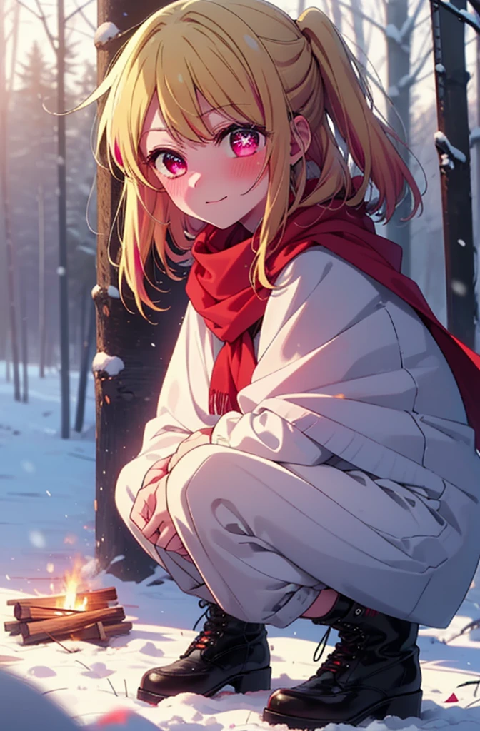 rubyhoshino, Hoshino Ruby, Long Hair, bangs, Blonde, (Pink Eyes:1.3), Side Lock, (Symbol-shaped pupil:1.5), Multicolored Hair, Two-tone hair, smile,,smile,blush,White Breath,
Open your mouth,snow,Ground bonfire, Outdoor, boots, snowing, From the side, wood, suitcase, Cape, Blurred, , forest, White handbag, nature,  Squat, Mouth closed, Cape, winter, Written boundary depth, Black shoes, red Cape break looking at viewer, Upper Body, whole body, break Outdoor, forest, nature, break (masterpiece:1.2), Highest quality, High resolution, unity 8k wallpaper, (shape:0.8), (Beautiful and beautiful eyes:1.6), Highly detailed face, Perfect lighting, Highly detailed CG, (Perfect hands, Perfect Anatomy),