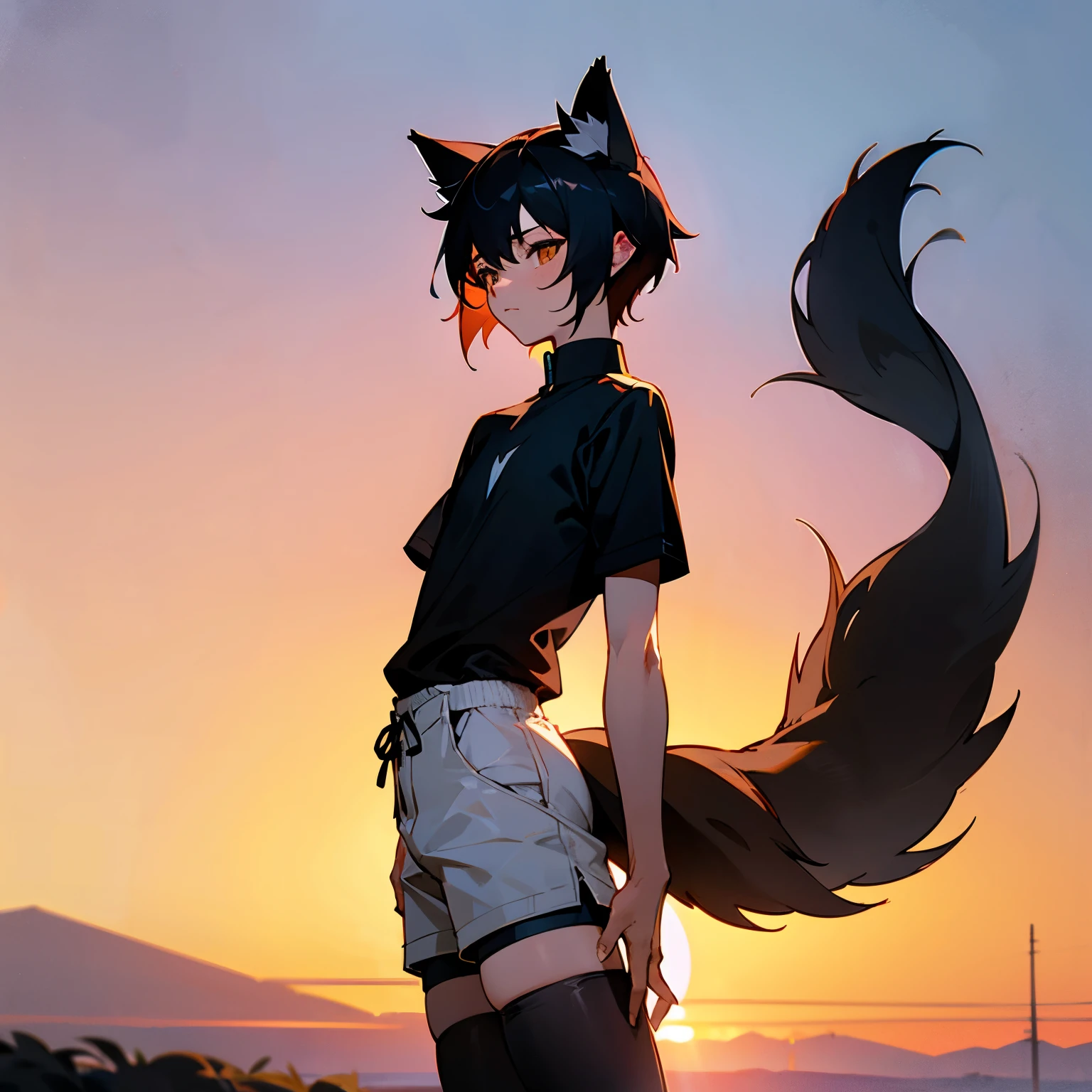 small male Wolf ears and tail in thight shorts and black thigh highs and a no shirt running with sunset in background
