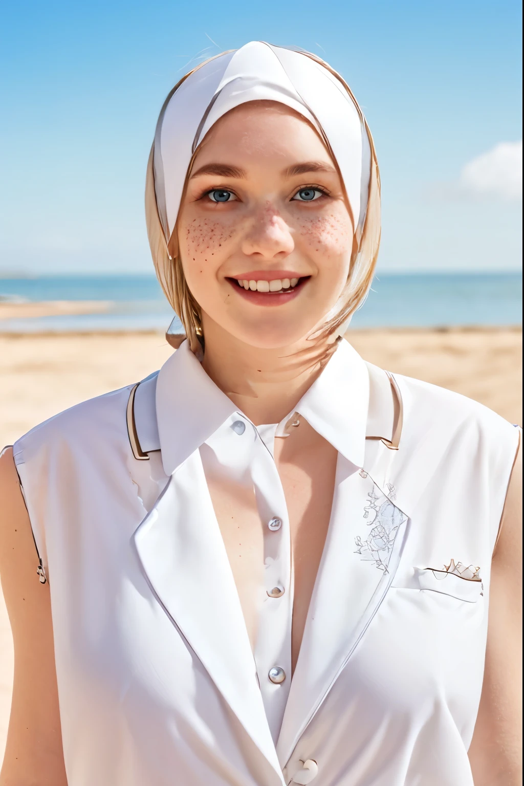 A 21-year-old girl named Kate with short blonde hair, beautiful medium-sized breasts, and a height of 1.60 meters. She has a British white style and light blue eyes. Kate is beautiful, with an angelic face and freckles around her nose. She is wearing a short, strapless dress with a fitted bodice and a flared skirt. This style highlights Kate's shoulders and waist. The dress has a cheerful and eye-catching white print. The neckline is a sweetheart strapless design, adding a romantic and elegant touch to the dress. Kate is at the beach, shown in a front portrait, flirting with the camera and smiling, with the sea in the background on a beautiful day with a cinematic sunset.