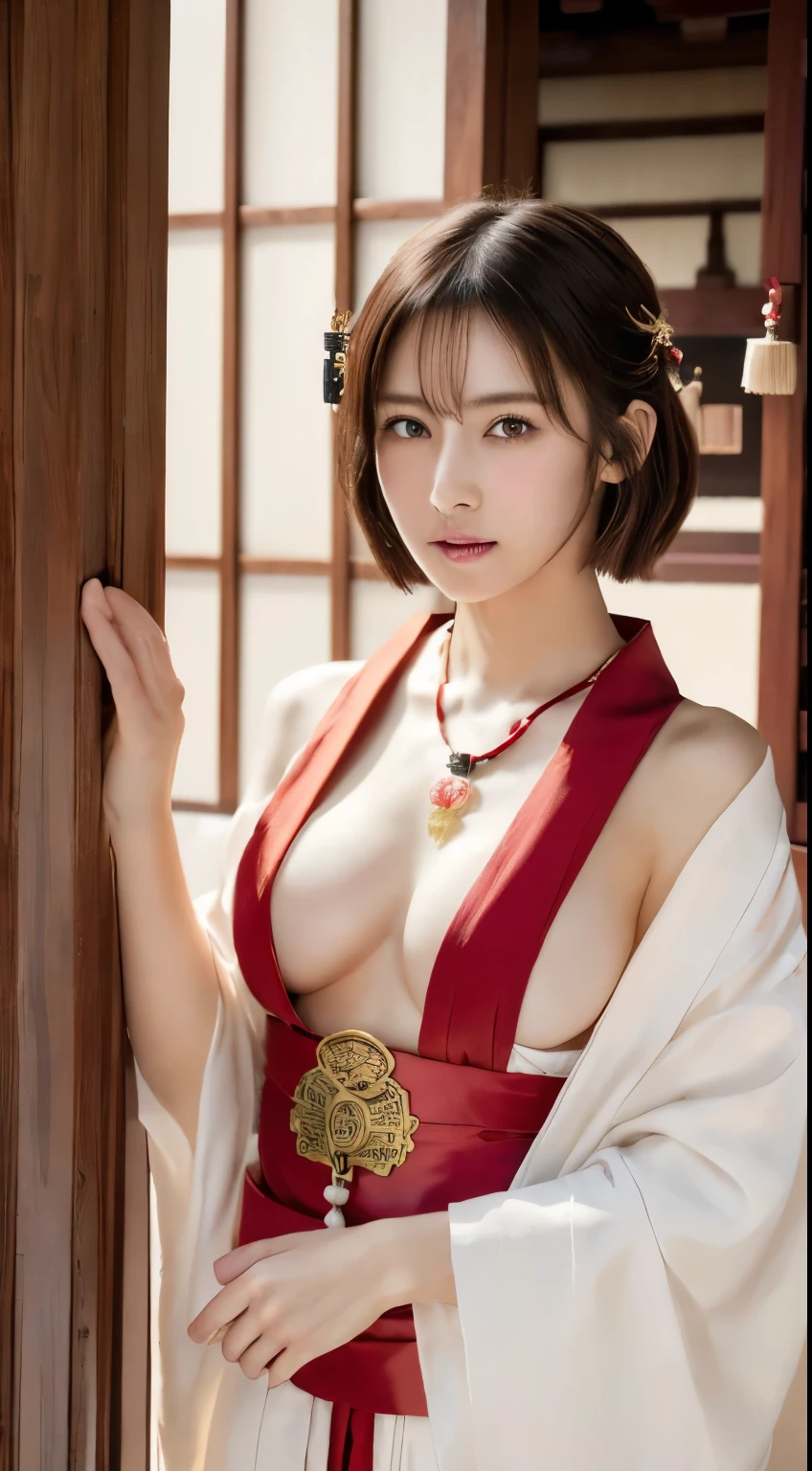 (masterpiece:1.3), (8K, Realistic, RAW Photos, Best image quality: 1.4), Japanese, (1 Girl), Beautiful Face, (sorry), Through clenched teeth、Beautiful Hairstyles, Realistic eyes, Beautiful Eyes, (Realistic Skin),(short hair:1.3) ,Beautiful Skin, charm, Ultra-high resolution, Surreal, (Big Breasts)、Attention to detail,  Detail Makeup,View your viewers、(short hair)、((Amulets for sale at the luxurious shrine shop))、Shaved pubic hair、((Full body portrait))、Domestic、Cleavage、Naked in a shrine maiden costume、((miko dressing))