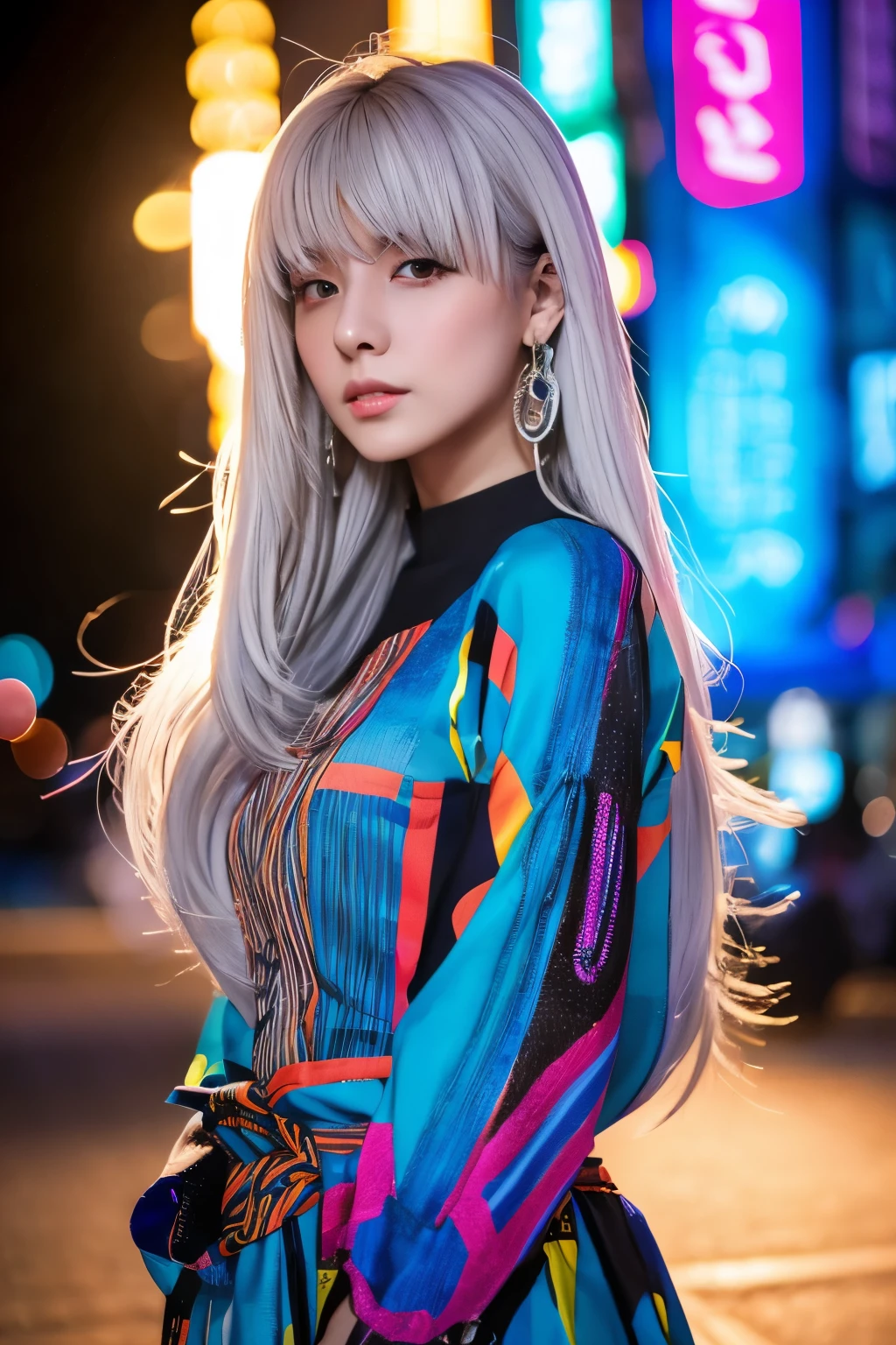 Masterpiece, high quality, high resolution, 8K, (solo:1.2), ((1girl)), Japanese woman, detailed face, detailed eyes, correct body structure, upper body, ((White hair:1.2)), very long hair, messy hair, slender body, seductive silhouette, luminous bones, depth of field, dark photo at nighttime, dimly lit, bangs, Cinematic Lighting, Tyndall effect, abstract background, futuristic outfits, vibrant colors, modern style, wide sleeves, artistic, unique patterns, colorful, stylish, trendy