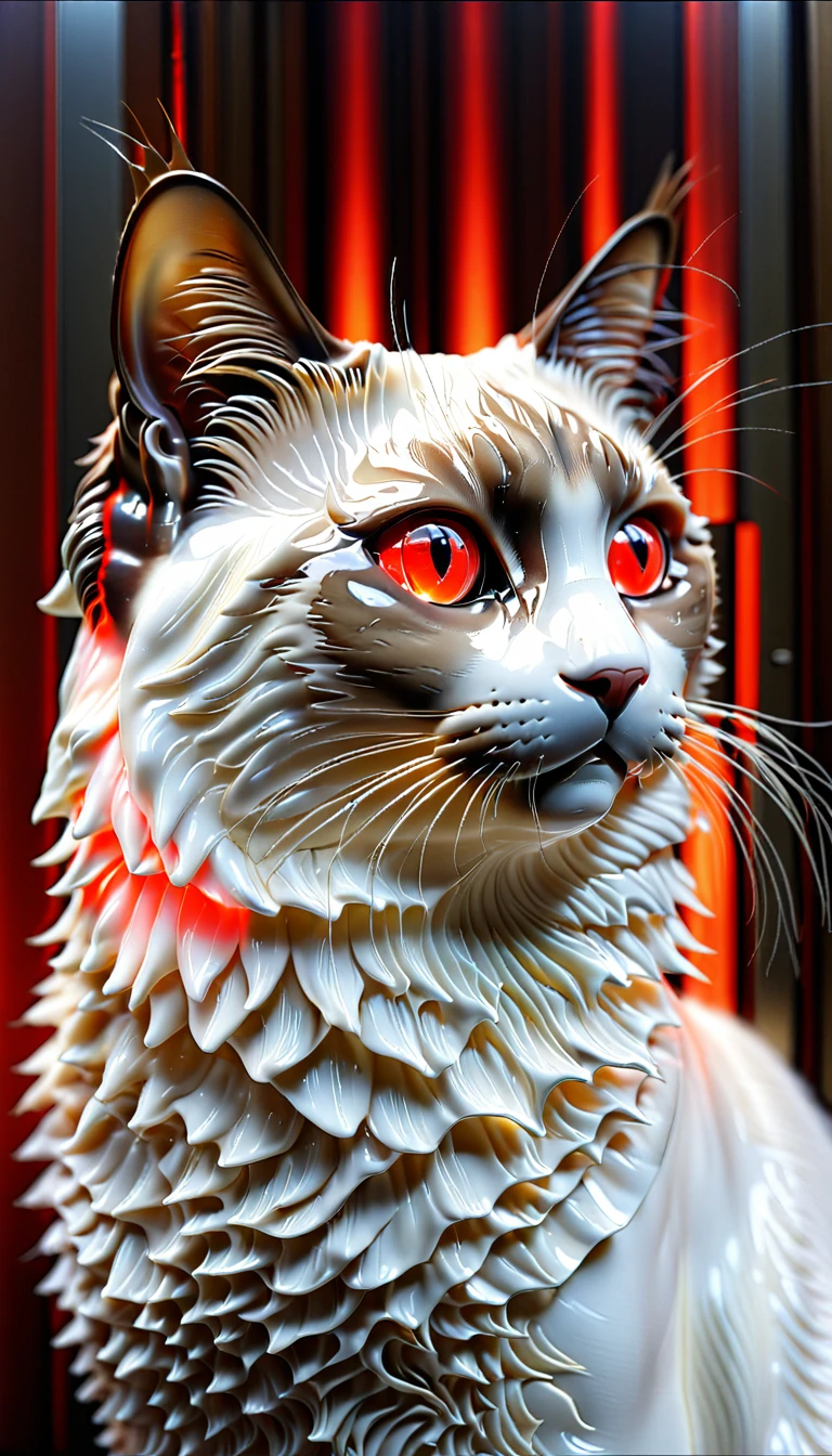 There is no one, realistic photo, realism, Ragdoll (Ragdoll) cat, future oriented, metal decoration, Shining red light inside, hollow interior, Polish, ray tracing, perfect composition, intricate details, Very sharp, masterpiece, profile, high resolution