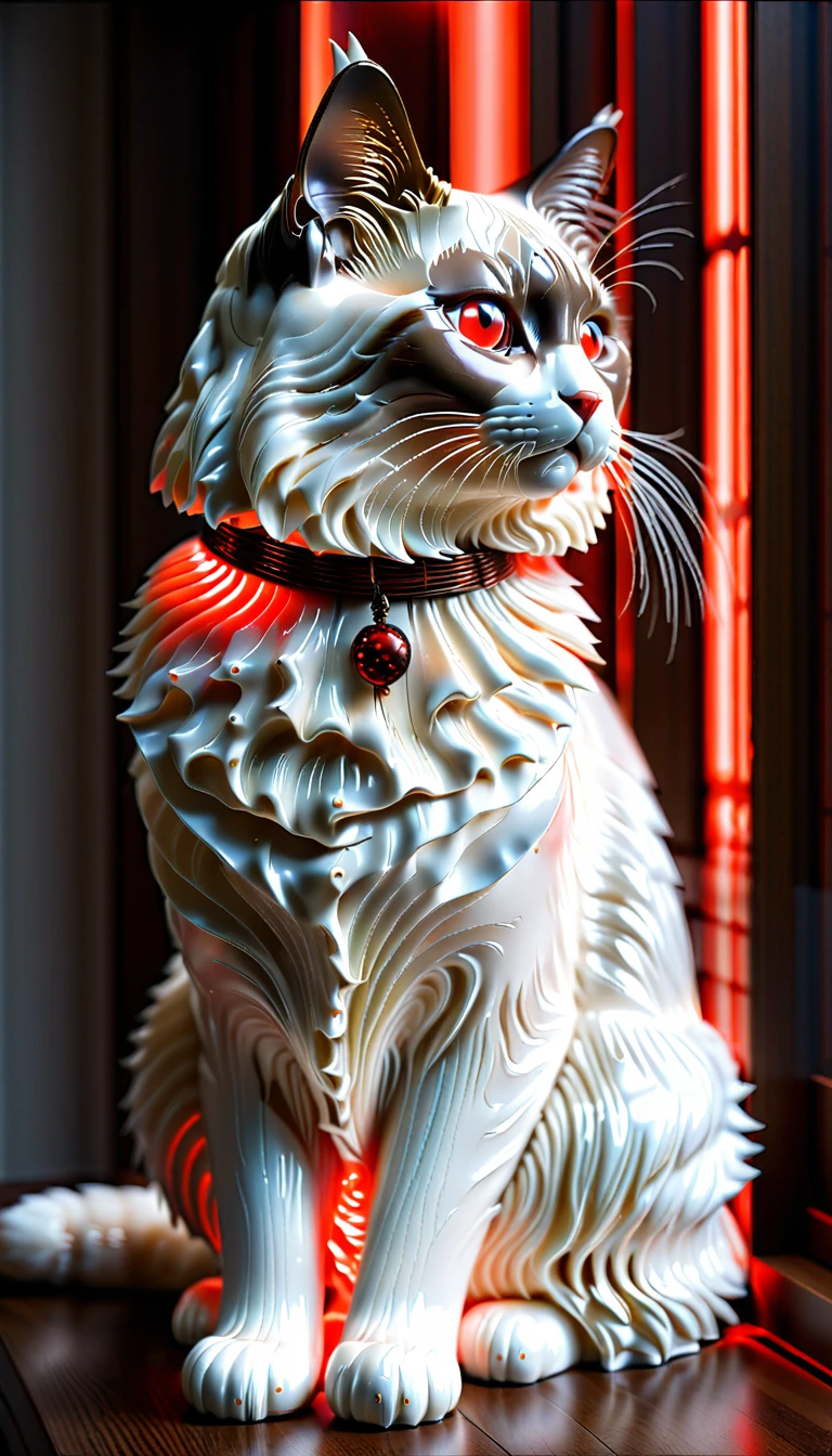 There is no one, realistic photo, realism, Ragdoll (Ragdoll) cat, future oriented, metal decoration, Shining red light inside, hollow interior, Polish, ray tracing, perfect composition, intricate details, Very sharp, masterpiece, profile, high resolution