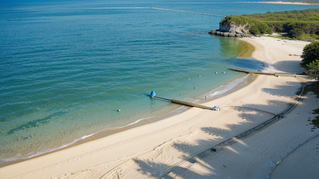 Fishermen use fishing nets to catch pearls on a shallow beach，The water is clear and blue，sunny
