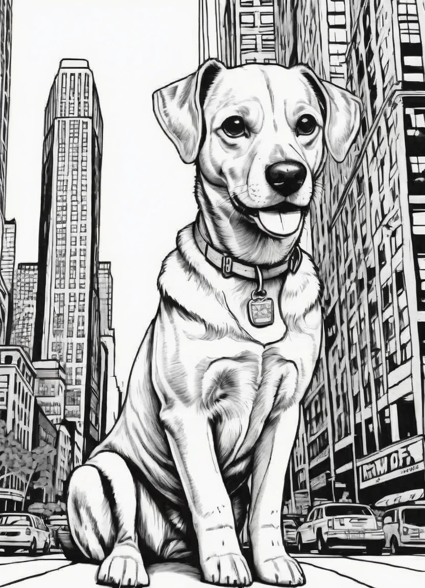 black and white, line art, coloring drawing of dog in new york