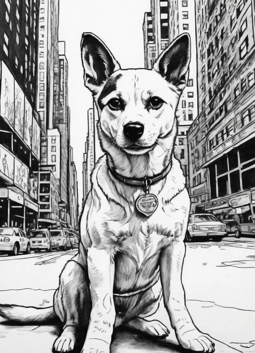 black and white, line art, coloring drawing of dog in new york 