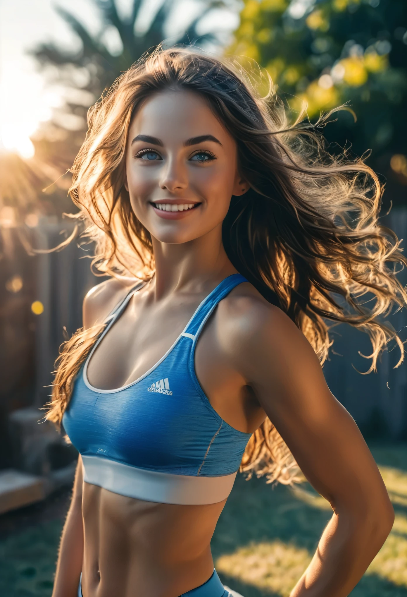 Beautiful woman, long brunette hair, light blue eyes, white skin, full lips, smiling, stretching in backyard, early morning, sunrise, wearing sports bra and shorts, high dynamic range, vivid, rich detail, crisp shadows and highlights, realistic, intense, enhanced contrast, highly detailed,