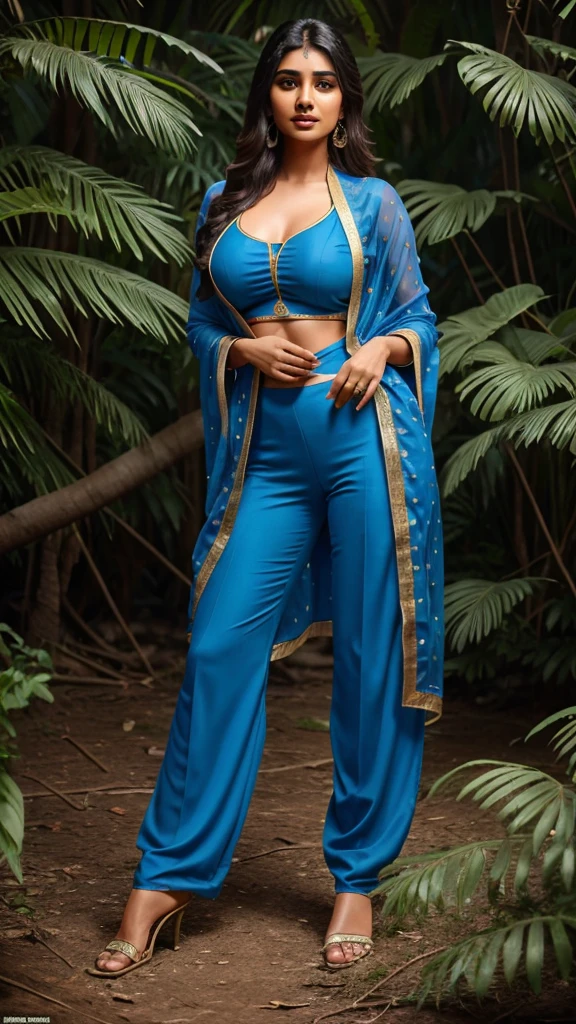 beautiful young Indian women,yo 24,wearing salwar and suit,blue salwar and suit,with dupatta,beautiful natural skin, beautiful lips,red lips,beautiful face,big breast,beautiful nose,full body,front view, standing position,8k quality,jungle background,realistic