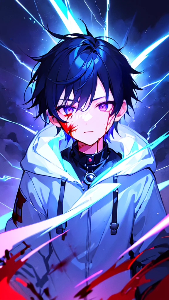 [(BLACK BACKGROUND:1.5),::5], ((((masterpiece)))), high quality, ultra very high resolution, full color, (((solo))), ((little boy)), black hair, ((blue colored inner hair)), ((purple eyes)), anime, ((upper body)), neon light, black parka, (lightning effect:1.2), (Blood effect:1.5)