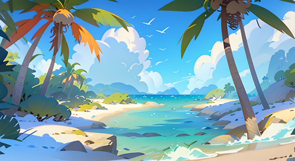 Summer landscape, A beach, with palm trees, sunny weather, with fluffy clouds in the sky, ocean in the background, animated style, based on cyberpunk, bright coloured