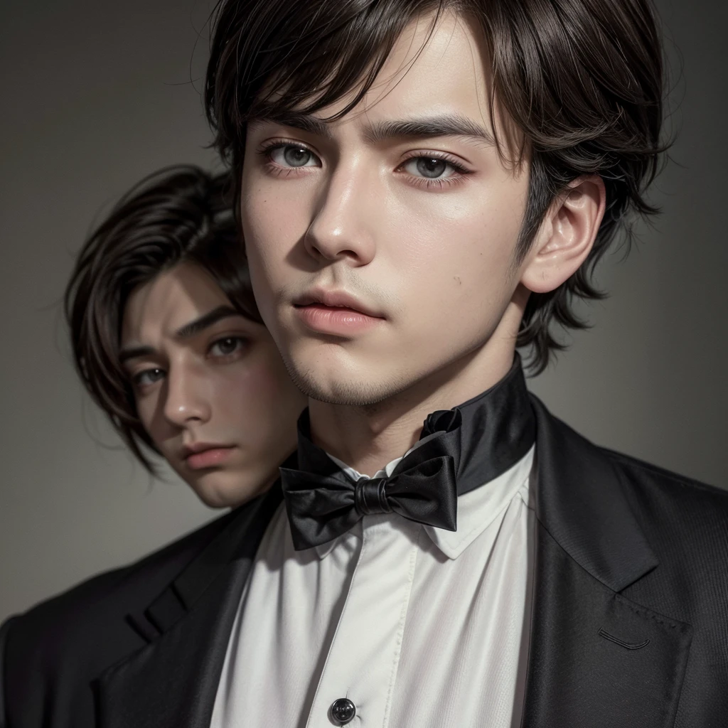 Style retro anime, 1 chico, Young man, alone, looking at the viewer, short hair, Brown hair, grey eyes, Closed mouth, mole, black suit, 1880 style, aristocratic clothing, portrait, retro artStyle, 1980s (Style), anime, Masterpiece, Best Quality , Official Art ,