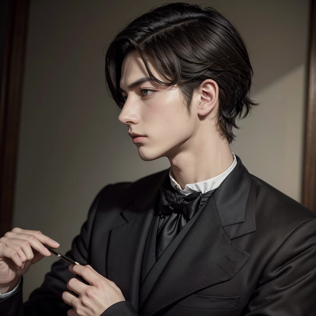 Style retro anime, 1 chico, Young man, alone, looking at the viewer, short hair, Brown hair, grey eyes, Closed mouth, mole, black suit, 1880 style, aristocratic clothing, portrait, retro artStyle, 1980s (Style), anime, Masterpiece, Best Quality , Official Art ,