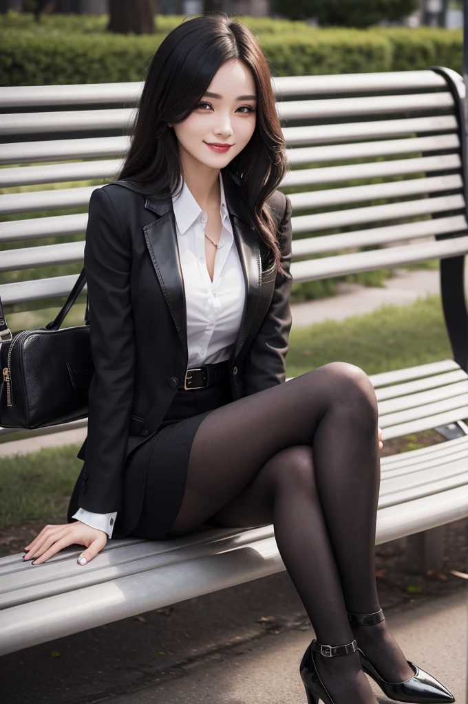 She is wearing a black and white checkered women's blazer, with a leather belt, black high-heeled shoes, she is near a park bench, she is confident, smiling, with basic gothic makeup