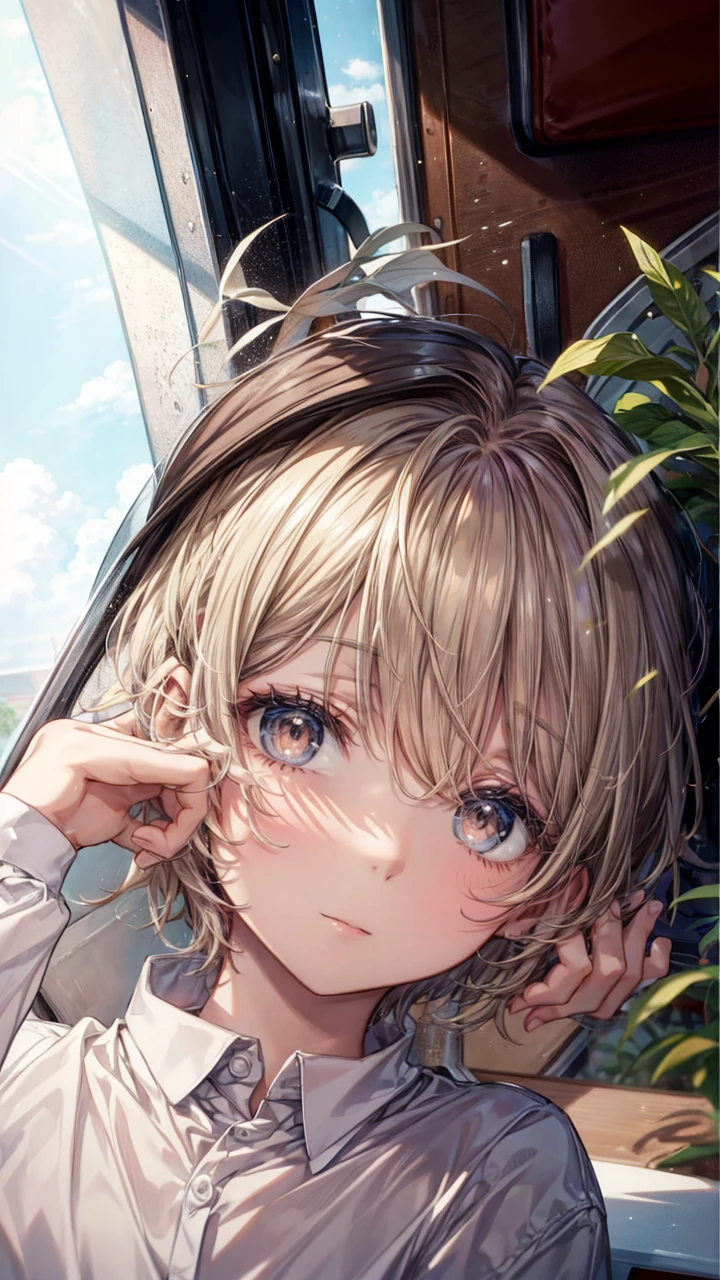 1boy, white shirt, light blond and dark brown short hair, brown eyes, bus sit, day time, goofy smile, face up close,anime, high quality, 8K, looking at the viewer